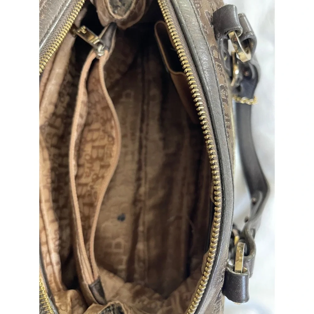 Bonia Monogram Canvas Satchel Bag Brown Leather Trim Gold Hardware Studded